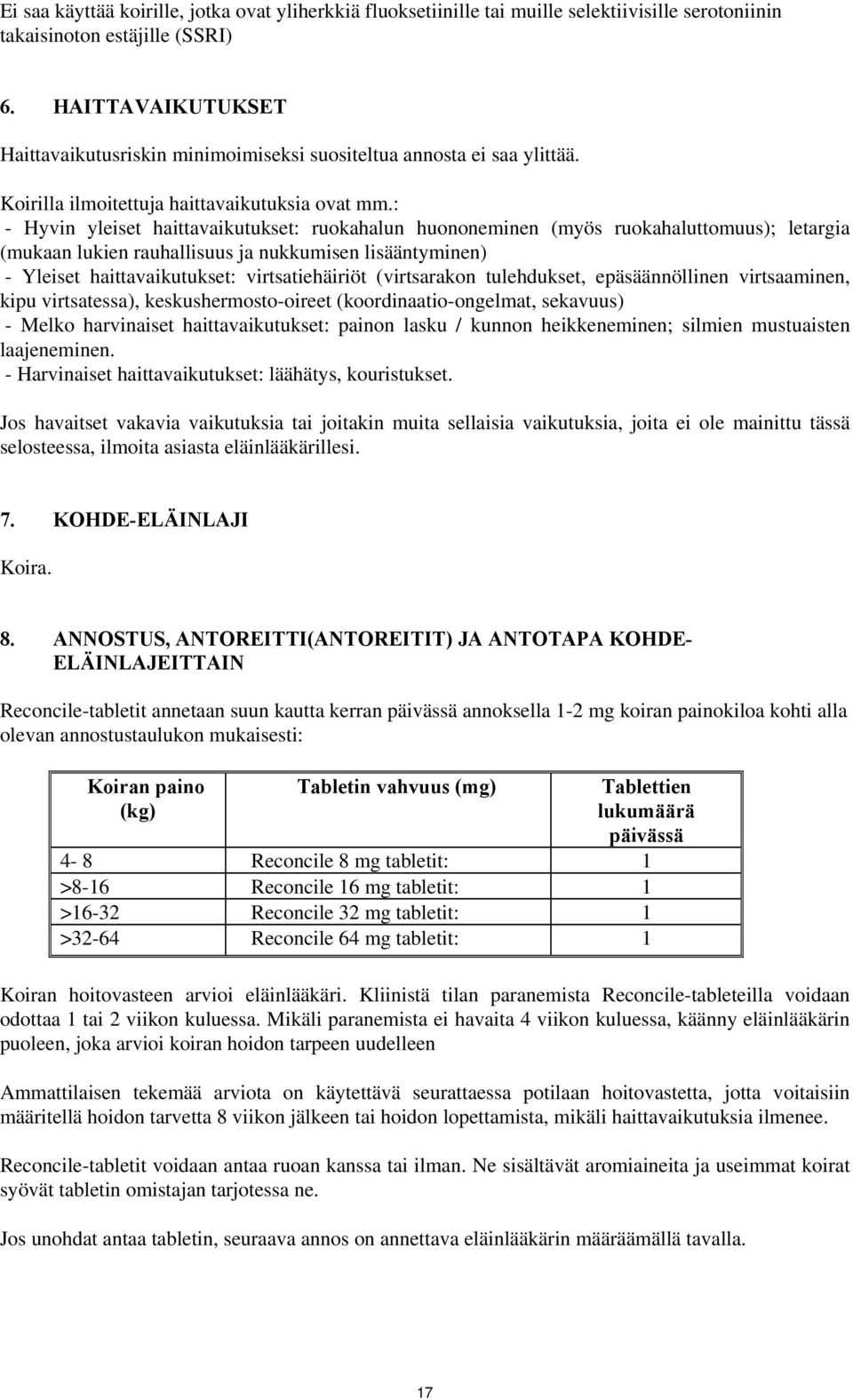 : - Hyvin yleiset haittavaikutukset: ruokahalun huononeminen (myös ruokahaluttomuus); letargia (mukaan lukien rauhallisuus ja nukkumisen lisääntyminen) - Yleiset haittavaikutukset: virtsatiehäiriöt