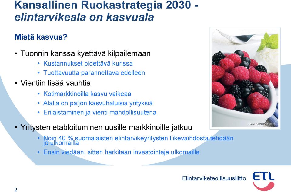 Kotimarkkinoilla kasvu vaikeaa Alalla on paljon kasvuhaluisia yrityksiä Erilaistaminen ja vienti mahdollisuutena Yritysten