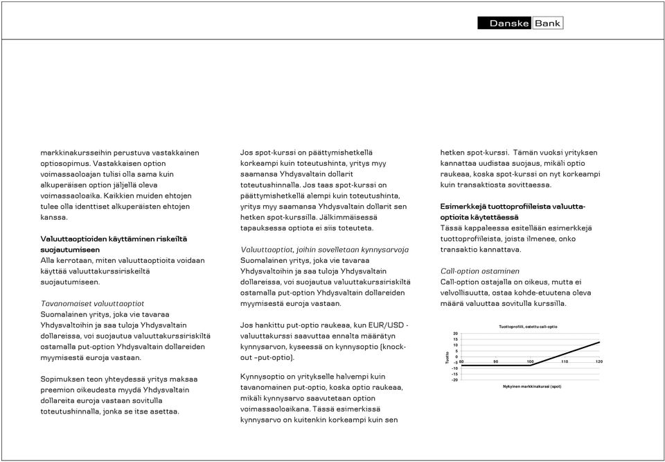 Valuuttaoptioiden käyttäminen riskeiltä suojautumiseen Alla kerrotaan, miten valuuttaoptioita voidaan käyttää valuuttakurssiriskeiltä suojautumiseen.