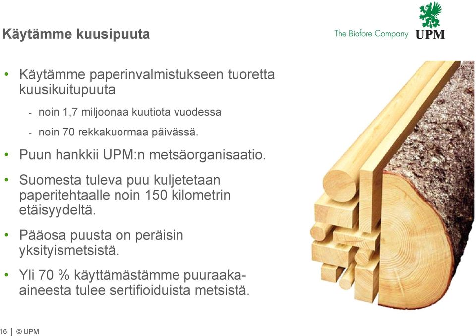 Suomesta tuleva puu kuljetetaan paperitehtaalle noin 150 kilometrin etäisyydeltä.