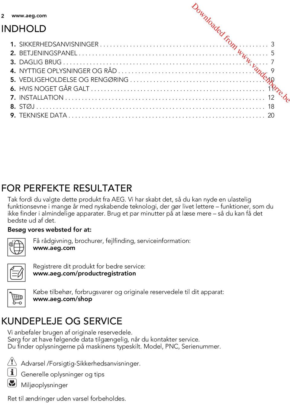 INSTALLATION............................................................ 12 8. STØJ..................................................................... 18 9. TEKNISKE DATA.