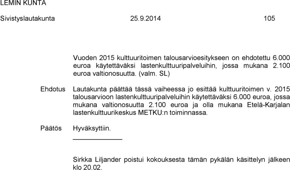 SL) Ehdotus Lautakunta päättää tässä vaiheessa jo esittää kulttuuritoimen v. 2015 talousarvioon lastenkulttuuripalveluihin käytettäväksi 6.