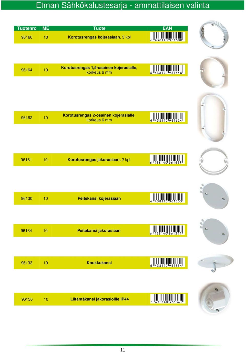 Korotusrengas jakorasiaan, 2 kpl 6 438140 961617 96130 10 Peitekansi kojerasiaan 6 438140 961303 96134 10