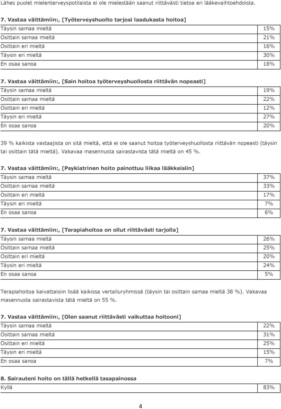 Vastaa väittämiin:, [Sain hoitoa työterveyshuollosta riittävän nopeasti] Täysin samaa mieltä 19% Osittain samaa mieltä 22% Osittain eri mieltä 12% Täysin eri mieltä 27% En osaa sanoa 20% 39 %