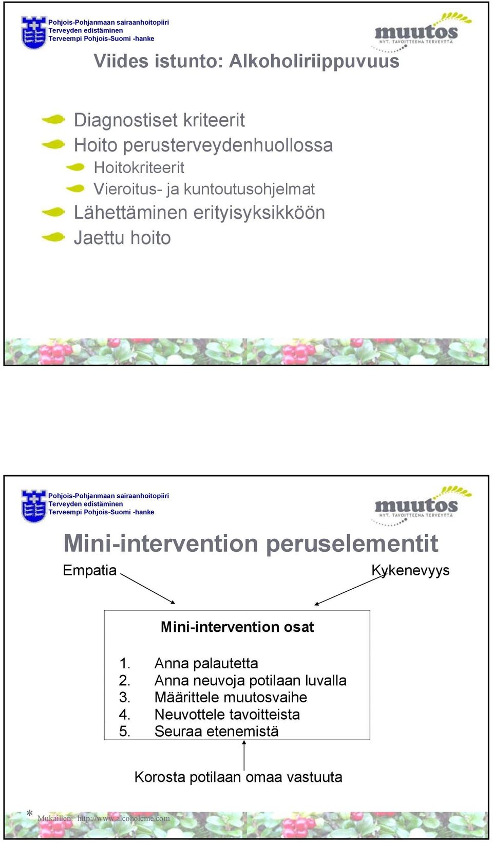 Empatia Kykenevyys Mini-intervention osat 1. Anna palautetta 2. Anna neuvoja potilaan luvalla 3.