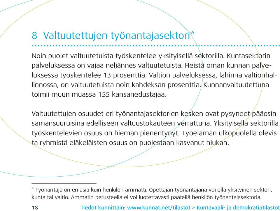 Kunnanvaltuutettuna toimii muun muassa 155 kansanedustajaa. Valtuutettujen osuudet eri työnantajasektorien kesken ovat pysyneet pääosin samansuuruisina edelliseen valtuustokauteen verrattuna.