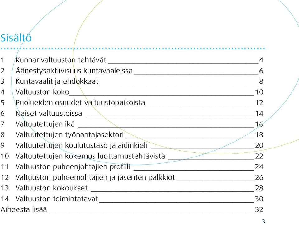 Puolueiden osuudet valtuustopaikoista 12 6 Naiset valtuustoissa 14 7 Valtuutettujen ikä 16 8 Valtuutettujen työnantajasektori 18 9