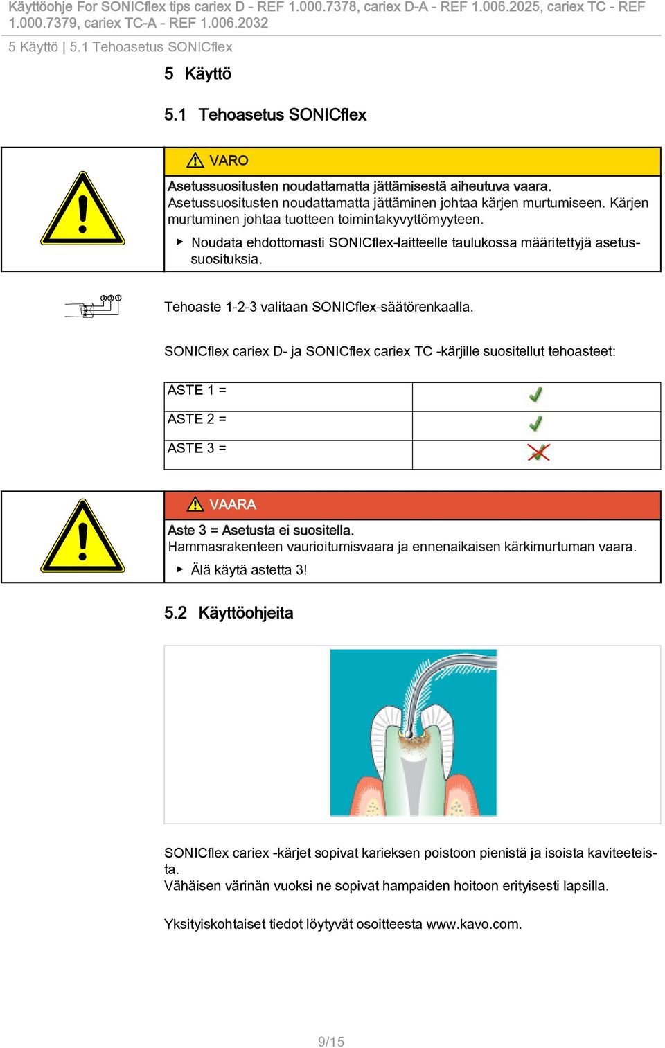 SONICflex cariex D- ja SONICflex cariex TC -kärjille suositellut tehoasteet: ASTE 1 = ASTE 2 = ASTE 3 = VAARA Aste 3 = Asetusta ei suositella.