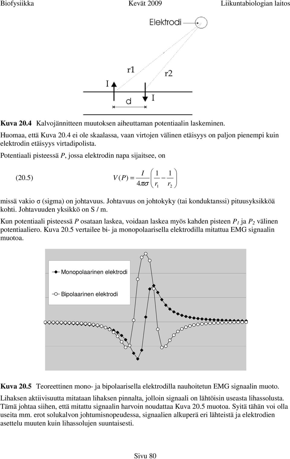 5) I 1 V ( P) = 4πσ r1 1 r2 missä vakio σ (sigma) on johtavuus. Johtavuus on johtokyky (tai konduktanssi) pituusyksikköä kohti. Johtavuuden yksikkö on S / m.