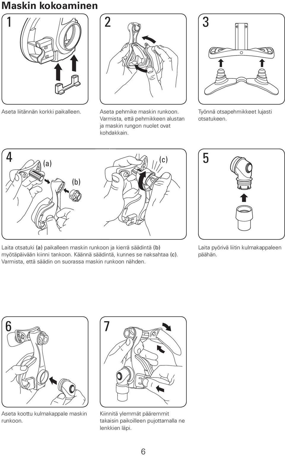 4 (c) 5 (a) (b) Laita otsatuki (a) paikalleen maskin runkoon ja kierrä säädintä (b) myötäpäivään kiinni tankoon.