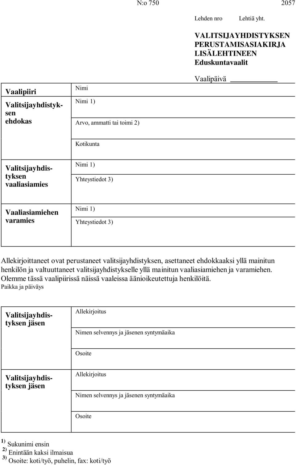 varamies Yhteystiedot 3) Allekirjoittaneet ovat perustaneet valitsijayhdistyksen, asettaneet ehdokkaaksi yllä mainitun henkilön ja valtuuttaneet