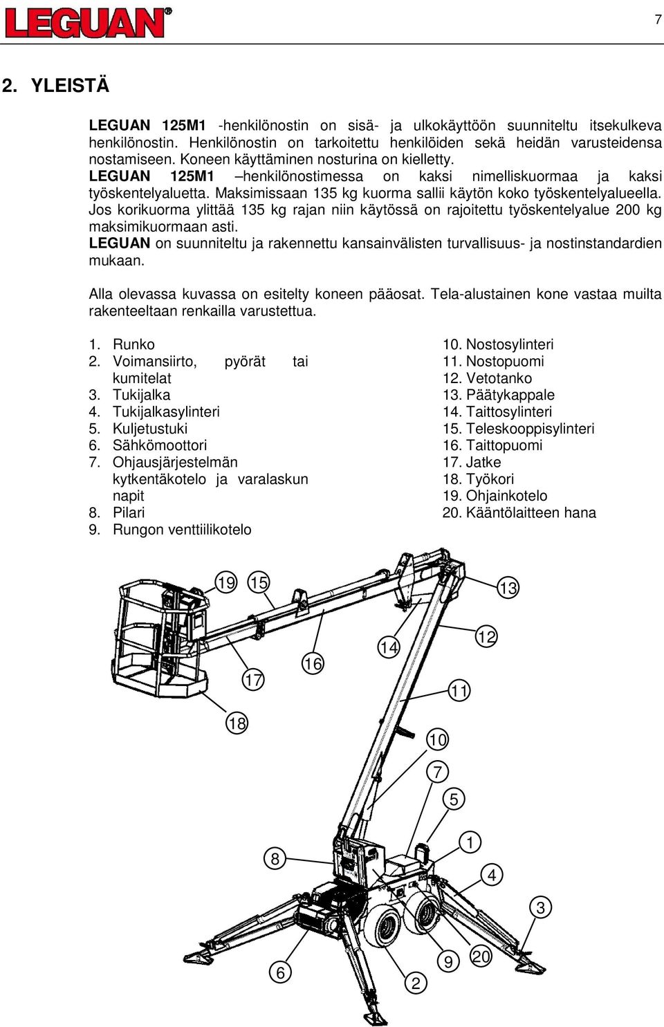 Jos korikuorma ylittää 135 kg rajan niin käytössä on rajoitettu työskentelyalue 200 kg maksimikuormaan asti.