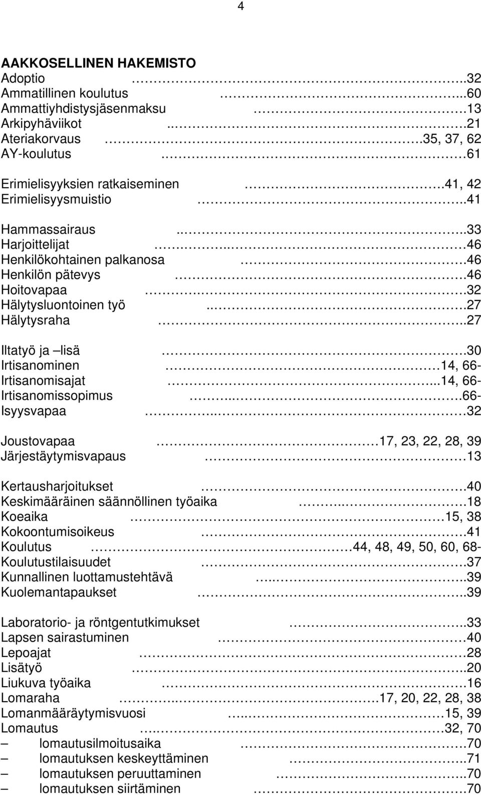 30 Irtisanominen 14, 66- Irtisanomisajat...14, 66- Irtisanomissopimus...66- Isyysvapaa.. 32 Joustovapaa 17, 23, 22, 28, 39 Järjestäytymisvapaus 13 Kertausharjoitukset.