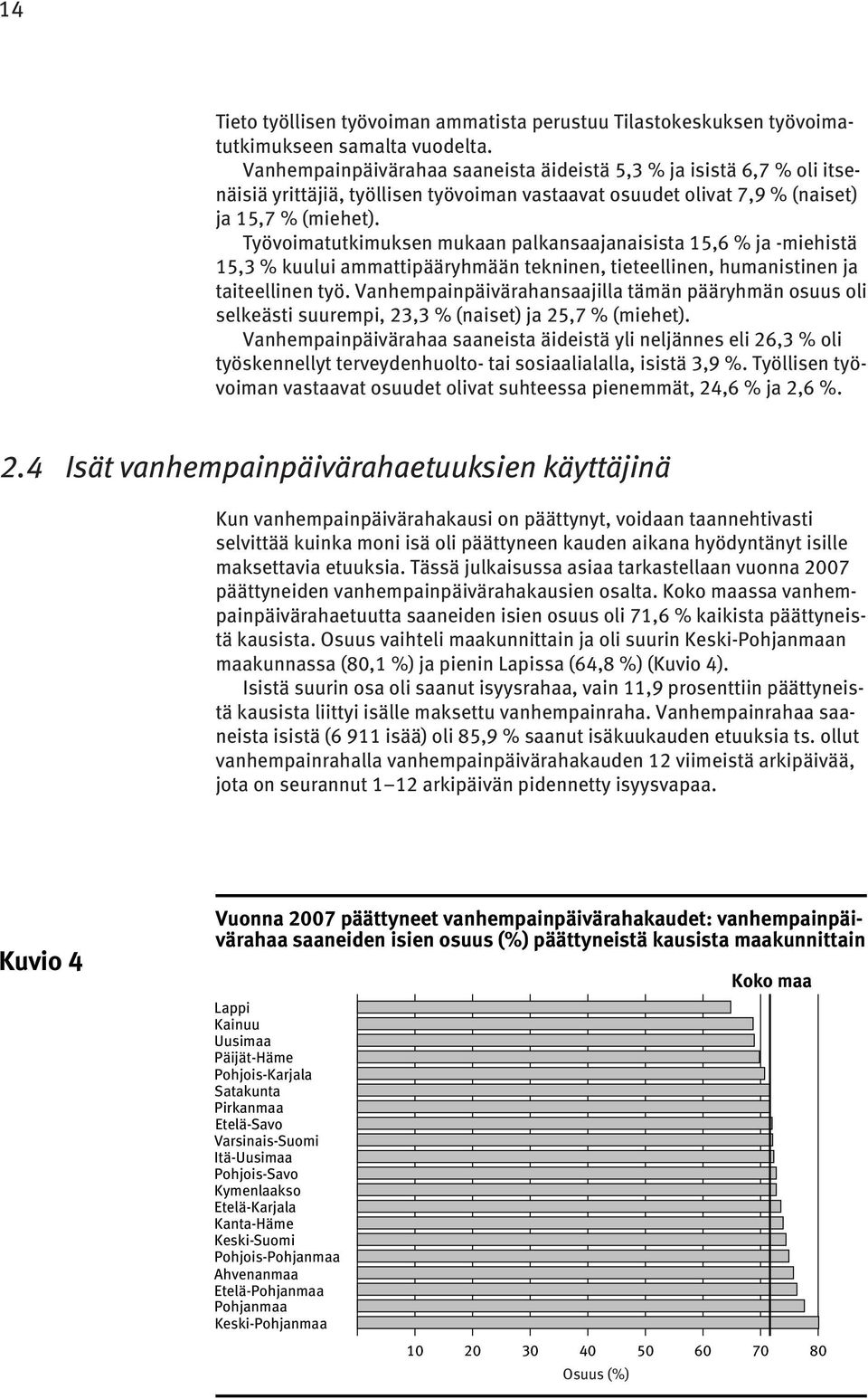 Työvoimatutkimuksen mukaan palkansaajanaisista 15,6 % ja -miehistä 15,3 % kuului ammattipääryhmään tekninen, tieteellinen, humanistinen ja taiteellinen työ.