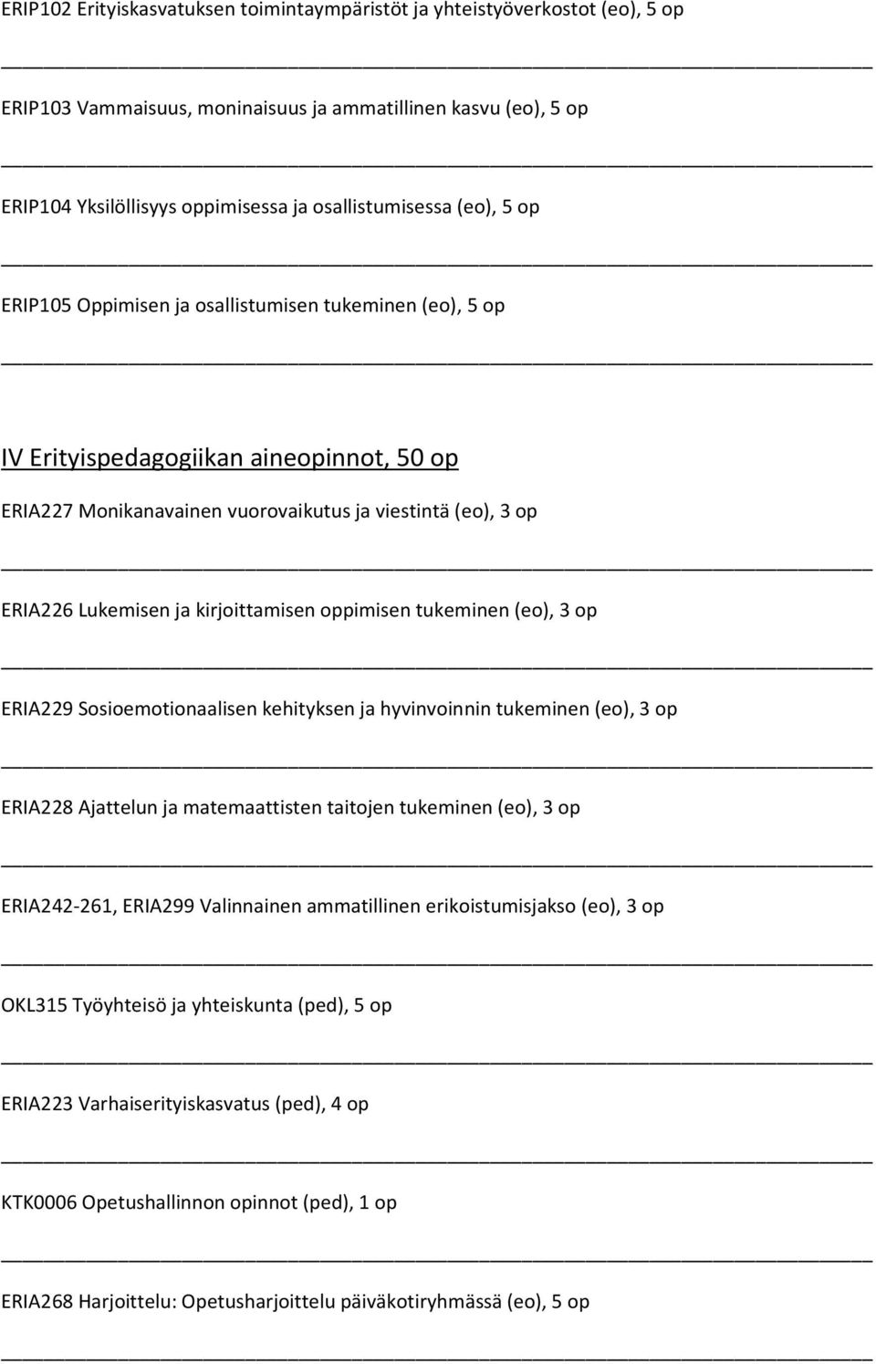 kirjoittamisen oppimisen tukeminen (eo), 3 op ERIA229 Sosioemotionaalisen kehityksen ja hyvinvoinnin tukeminen (eo), 3 op ERIA228 Ajattelun ja matemaattisten taitojen tukeminen (eo), 3 op