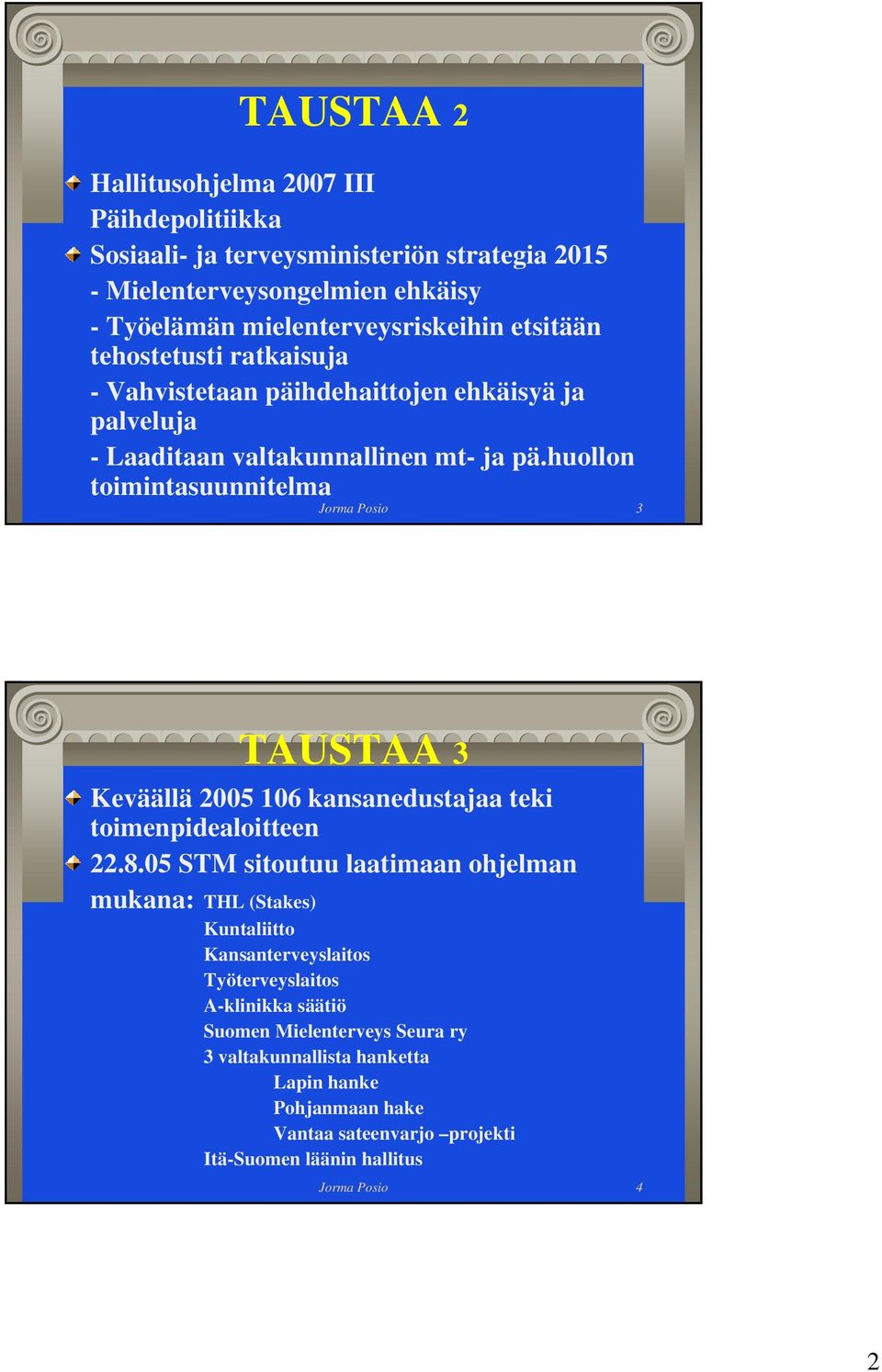 huollon toimintasuunnitelma Jorma Posio 3 TAUSTAA 3 Keväällä 2005 106 kansanedustajaa teki toimenpidealoitteen 22.8.