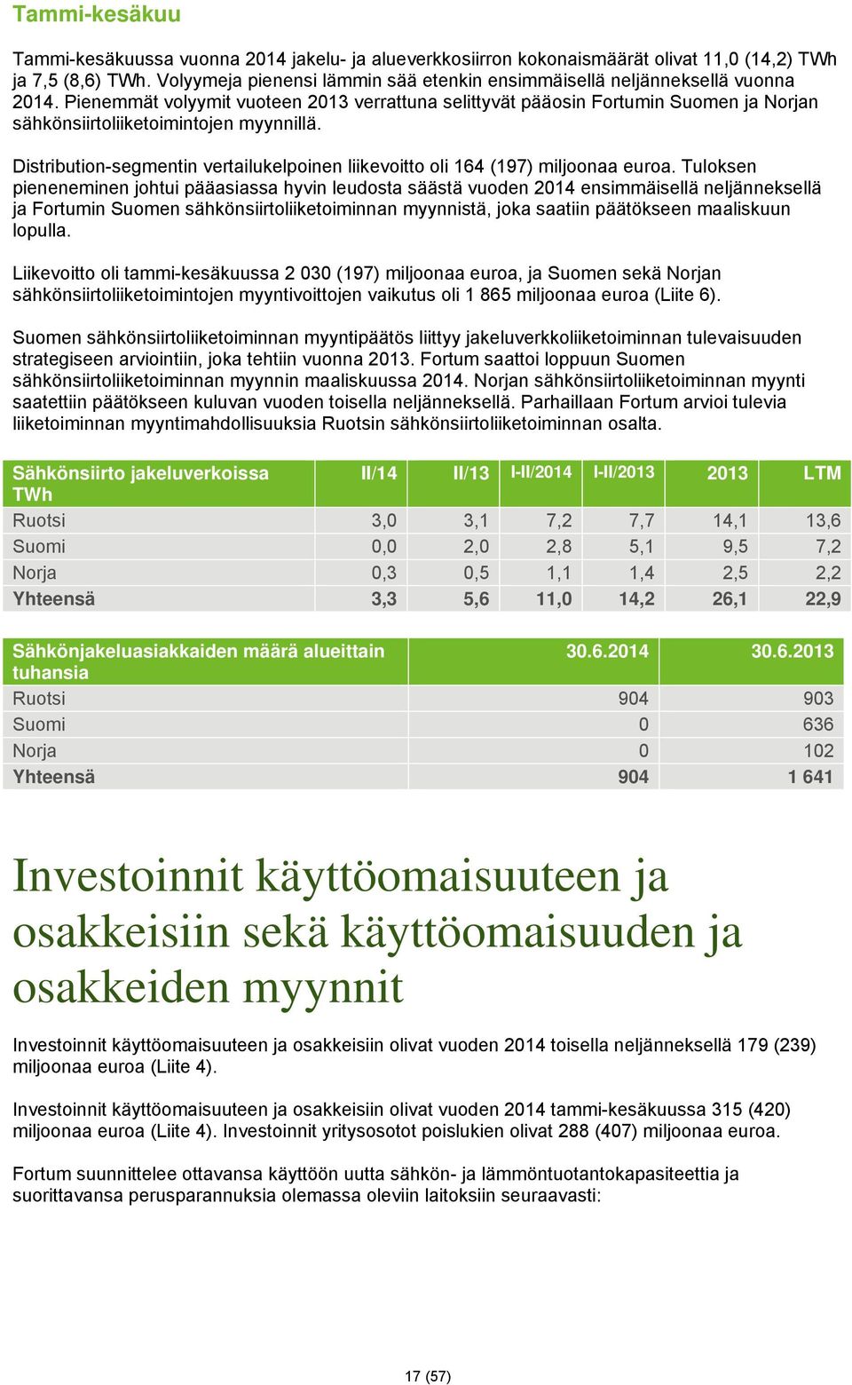 Pienemmät volyymit vuoteen 2013 verrattuna selittyvät pääosin Fortumin Suomen ja Norjan sähkönsiirtoliiketoimintojen myynnillä.