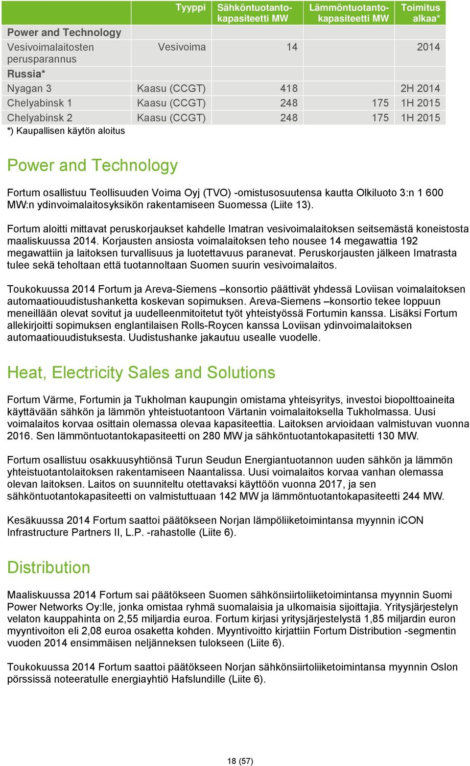 -omistusosuutensa kautta Olkiluoto 3:n 1 600 MW:n ydinvoimalaitosyksikön rakentamiseen Suomessa (Liite 13).