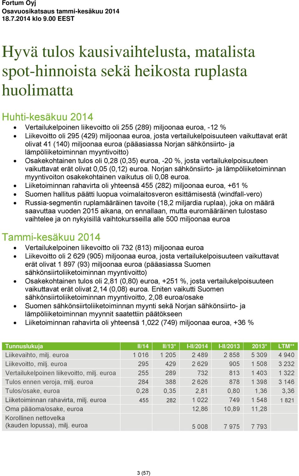 295 (429) miljoonaa euroa, josta vertailukelpoisuuteen vaikuttavat erät olivat 41 (140) miljoonaa euroa (pääasiassa Norjan sähkönsiirto- ja lämpöliiketoiminnan myyntivoitto) Osakekohtainen tulos oli