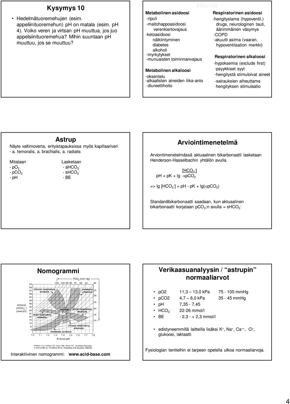 aineiden liikaanto diureettihoito Respiratorinen asidoosi hengityslama (hypoventil.