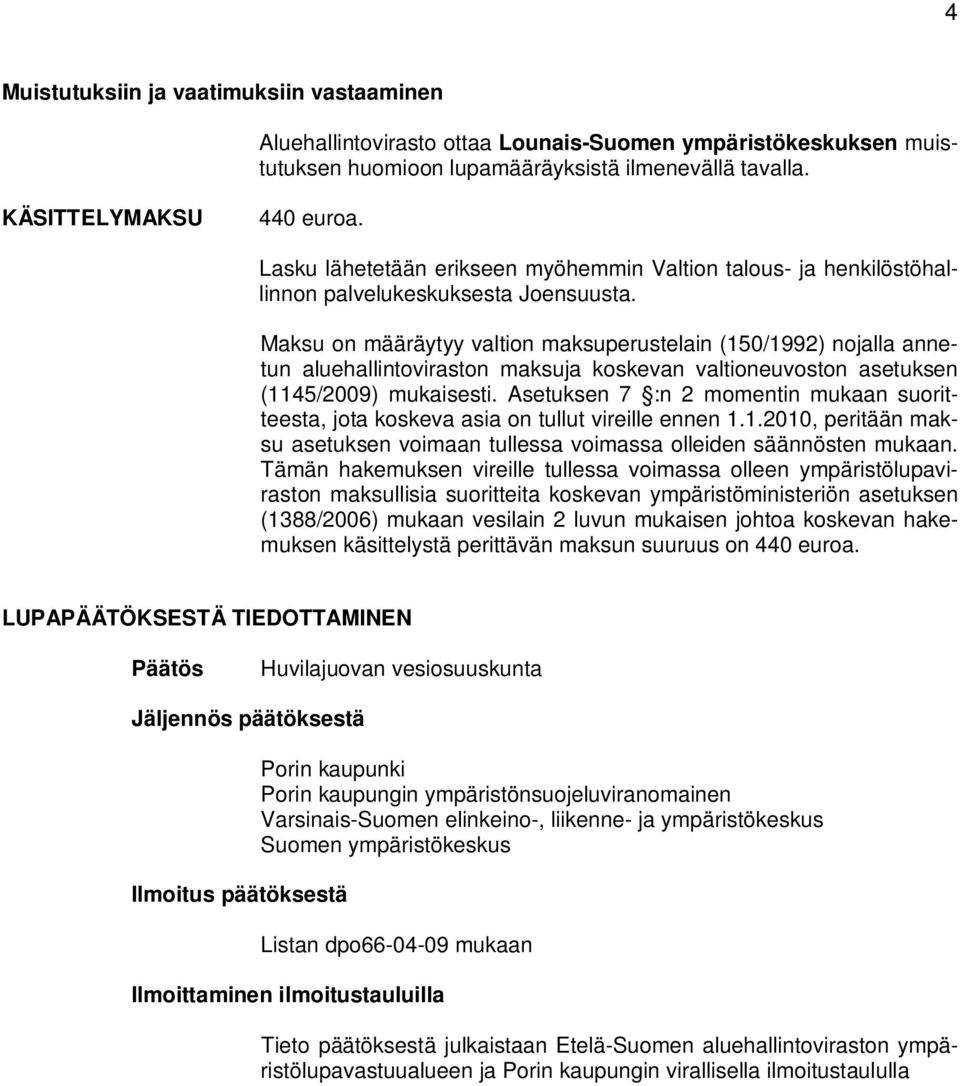 Maksu on määräytyy valtion maksuperustelain (150/1992) nojalla annetun aluehallintoviraston maksuja koskevan valtioneuvoston asetuksen (1145/2009) mukaisesti.