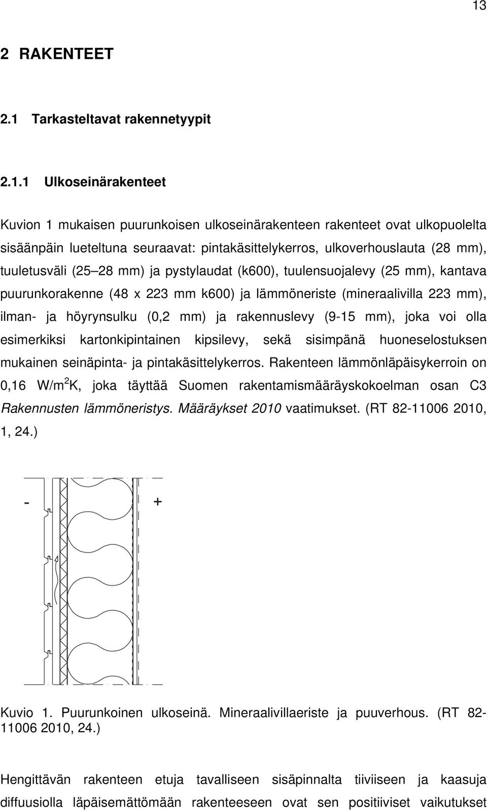 mm), ilman- ja höyrynsulku (0,2 mm) ja rakennuslevy (9-15 mm), joka voi olla esimerkiksi kartonkipintainen kipsilevy, sekä sisimpänä huoneselostuksen mukainen seinäpinta- ja pintakäsittelykerros.