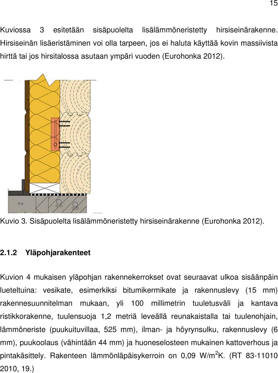 Sisäpuolelta lisälämmöneristetty hirsiseinärakenne (Eurohonka 2012