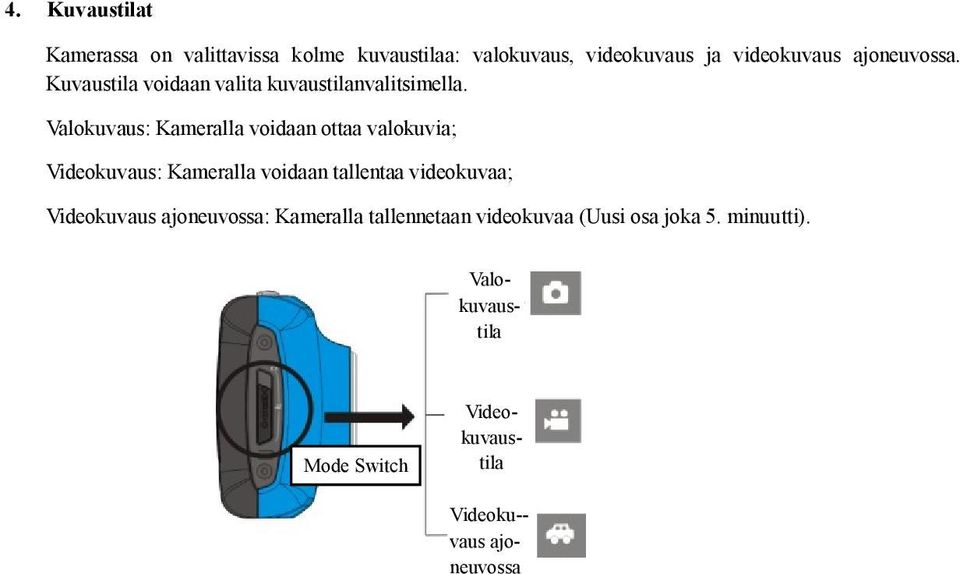 Valokuvaus: Kameralla voidaan ottaa valokuvia; Videokuvaus: Kameralla voidaan tallentaa videokuvaa;