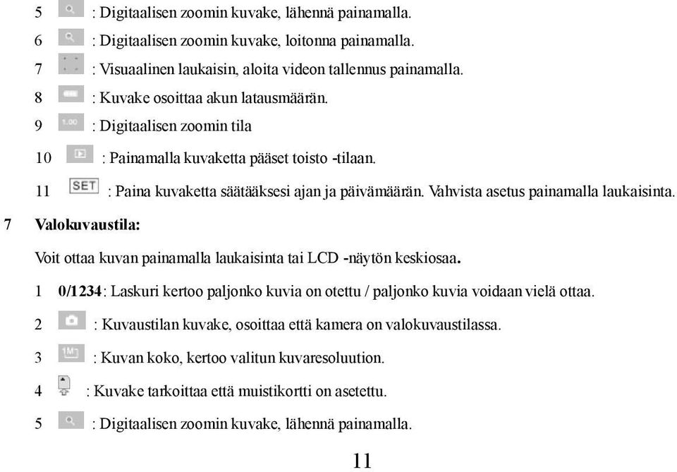 Vahvista asetus painamalla laukaisinta. 7 Valokuvaustila: Voit ottaa kuvan painamalla laukaisinta tai LCD -näytön keskiosaa.