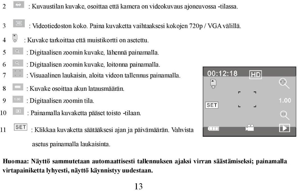 7 : Visuaalinen laukaisin, aloita videon tallennus painamalla. 8 : Kuvake osoittaa akun latausmäärän. 9 : Digitaalisen zoomin tila. 10 : Painamalla kuvaketta pääset toisto -tilaan.