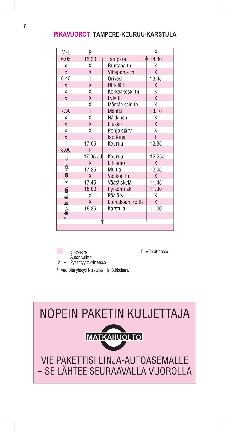 05 JJ Keuruu 12.25J X Lihjamo X 17.25 Multia 12.05 X Vehkoo th X 17.45 Väätäiskylä 11.45 18.00 Pylkönmäki 11.30 X Pääjärvi X X Lomakouhero th X 18.25 Karstula 11.