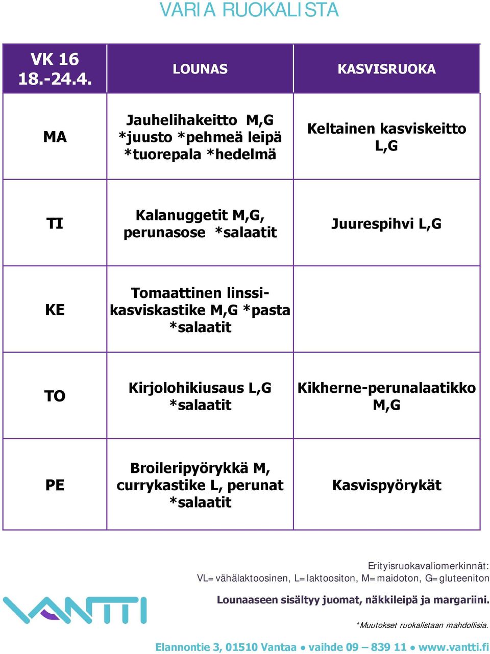 kasviskeitto Kalanuggetit M,G, perunasose Juurespihvi Tomaattinen