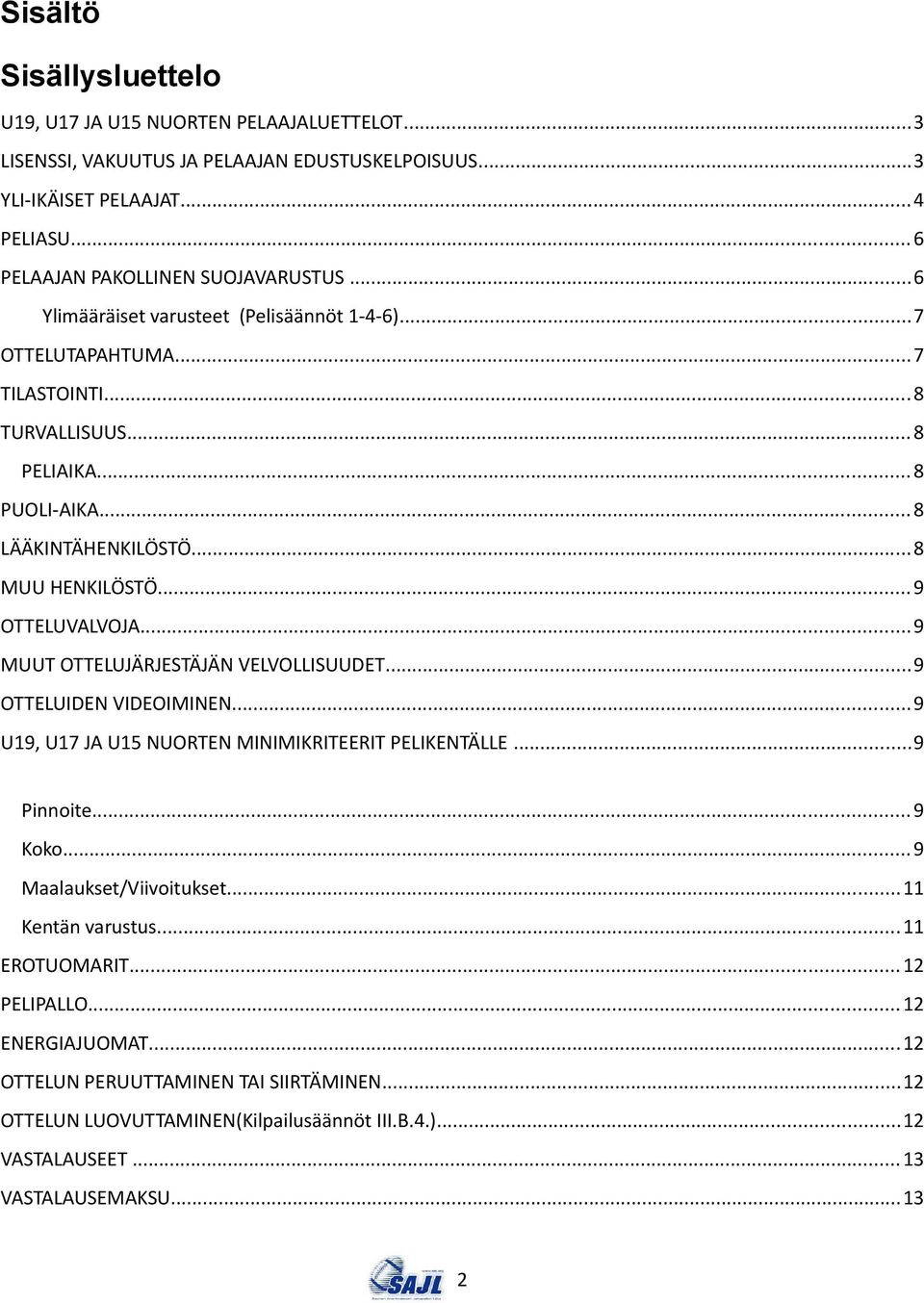 ..9 MUUT OTTELUJÄRJESTÄJÄN VELVOLLISUUDET...9 OTTELUIDEN VIDEOIMINEN...9 U19, U17 JA U15 NUORTEN MINIMIKRITEERIT PELIKENTÄLLE...9 Pinnoite...9 Koko...9 Maalaukset/Viivoitukset.