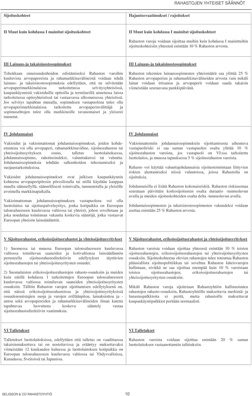 III Lainaus-ja takaisinostosopimukset Tehokkaan omaisuudenhoidon edistämiseksi Rahaston varoihin kuuluvista arvopapereista ja rahamarkkinavälineistä voidaan tehdä lainaus- ja takaisinostosopimuksia