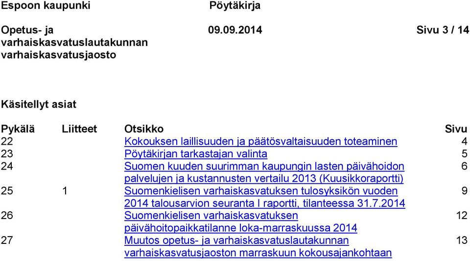 tarkastajan valinta 5 24 Suomen kuuden suurimman kaupungin lasten päivähoidon 6 palvelujen ja kustannusten vertailu 2013 (Kuusikkoraportti) 25