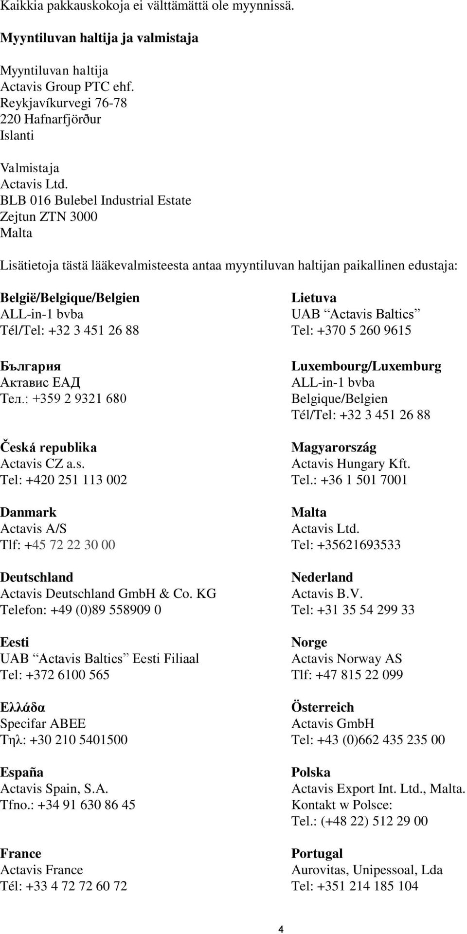 26 88 България Актавис ЕАД Teл.: +359 2 9321 680 Česká republika Actavis CZ a.s. Tel: +420 251 113 002 Danmark Actavis A/S Tlf: +45 72 22 30 00 Deutschland Actavis Deutschland GmbH & Co.