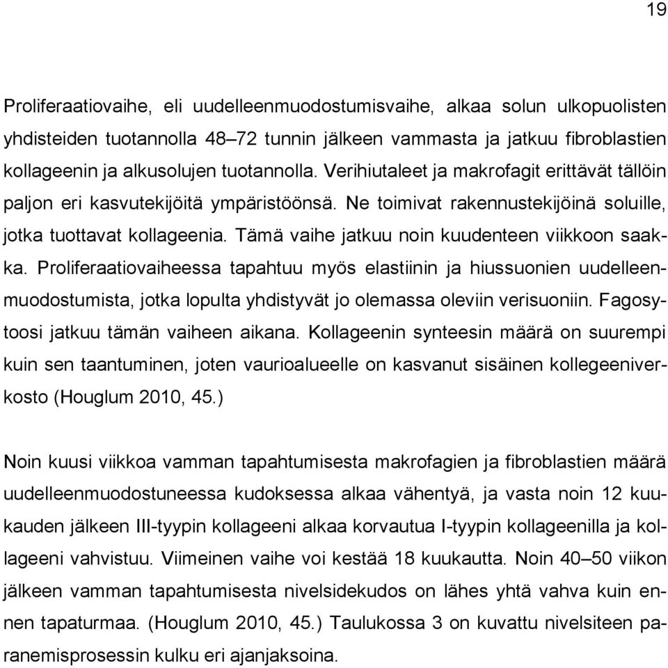 Tämä vaihe jatkuu noin kuudenteen viikkoon saakka. Proliferaatiovaiheessa tapahtuu myös elastiinin ja hiussuonien uudelleenmuodostumista, jotka lopulta yhdistyvät jo olemassa oleviin verisuoniin.