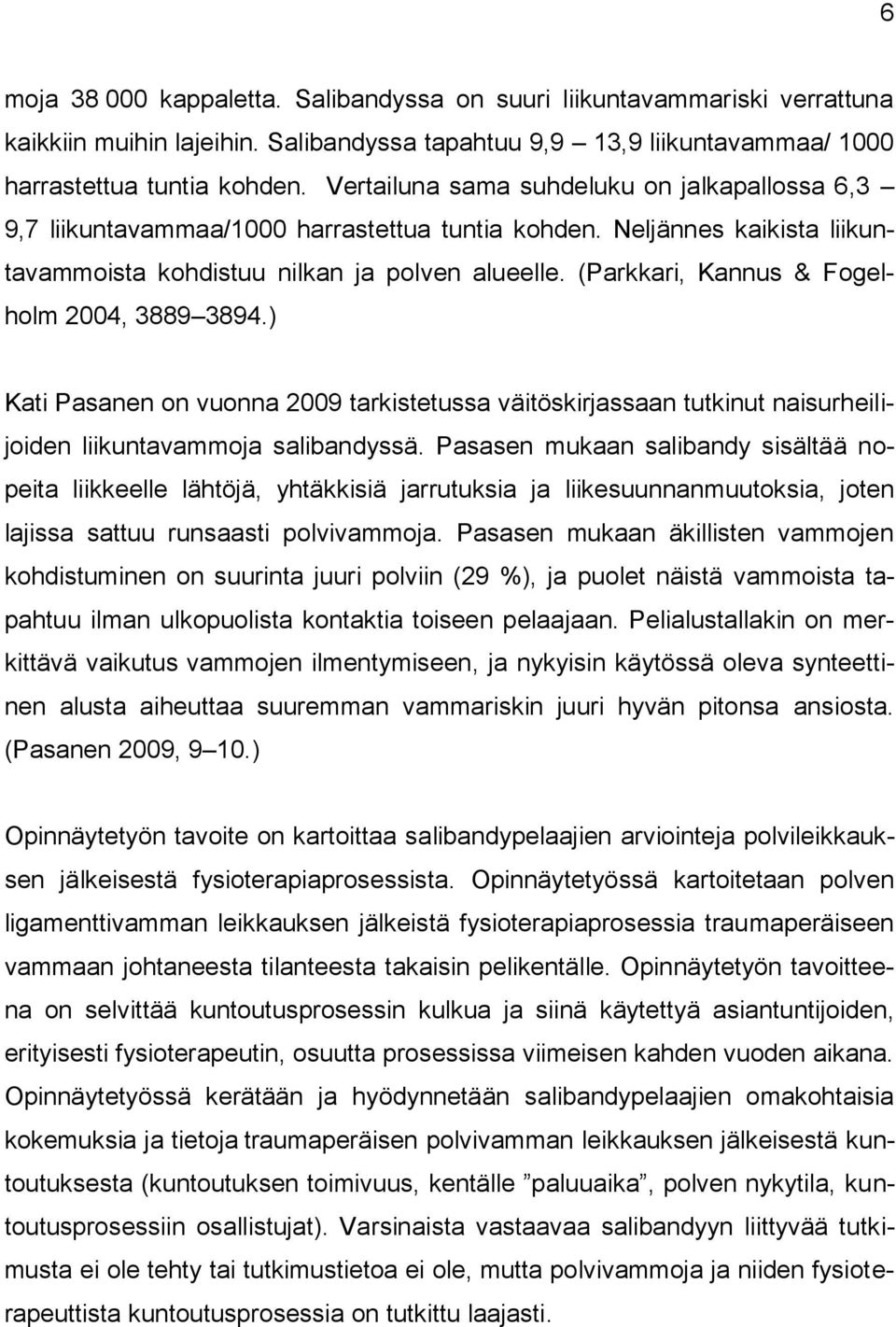 (Parkkari, Kannus & Fogelholm 2004, 3889 3894.) Kati Pasanen on vuonna 2009 tarkistetussa väitöskirjassaan tutkinut naisurheilijoiden liikuntavammoja salibandyssä.