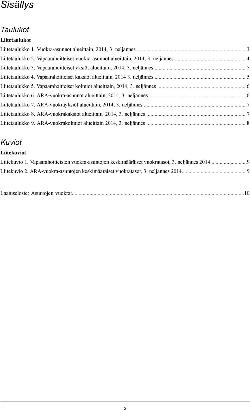 neljännes 6 Liitetaulukko 6 ARA-vuokra-asunnot alueittain, 2014, 3 neljännes 6 Liitetaulukko 7 ARA-vuokrayksiöt alueittain, 2014, 3 neljännes 7 Liitetaulukko 8 ARA-vuokrakaksiot alueittain, 2014, 3