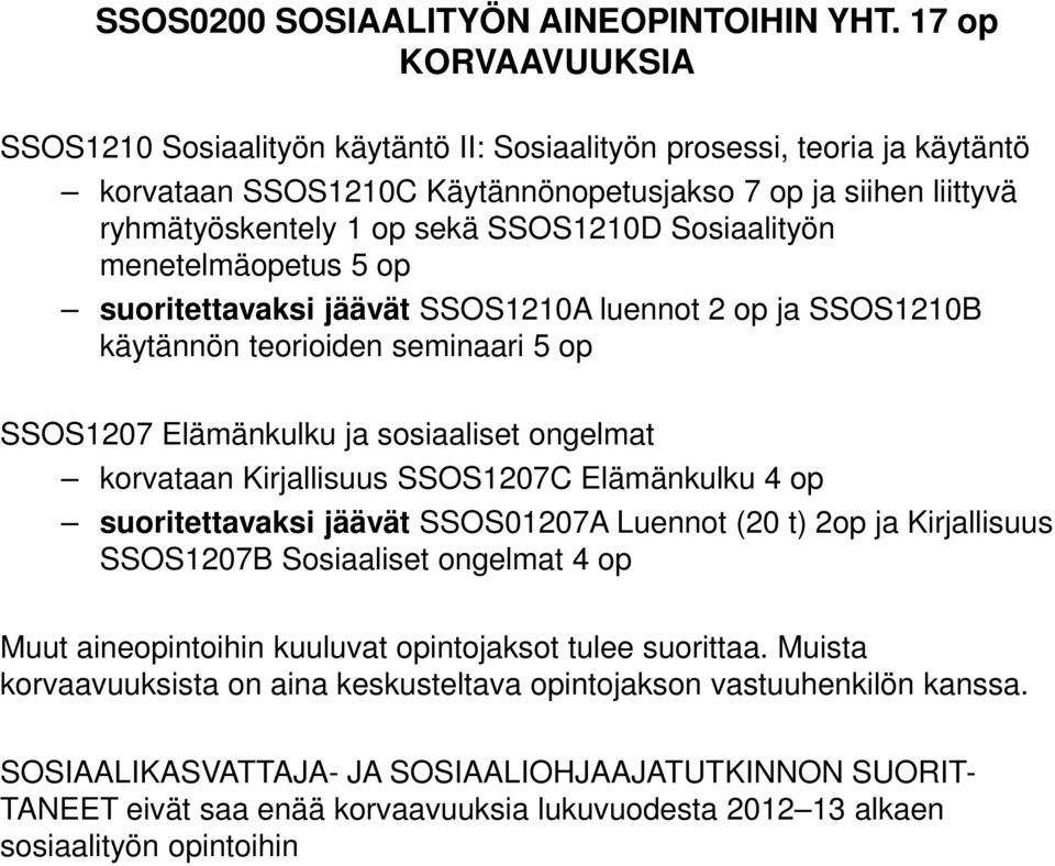 Sosiaalityön menetelmäopetus 5 op suoritettavaksi jäävät SSOS1210A luennot 2 op ja SSOS1210B käytännön teorioiden seminaari 5 op SSOS1207 Elämänkulku ja sosiaaliset ongelmat korvataan Kirjallisuus