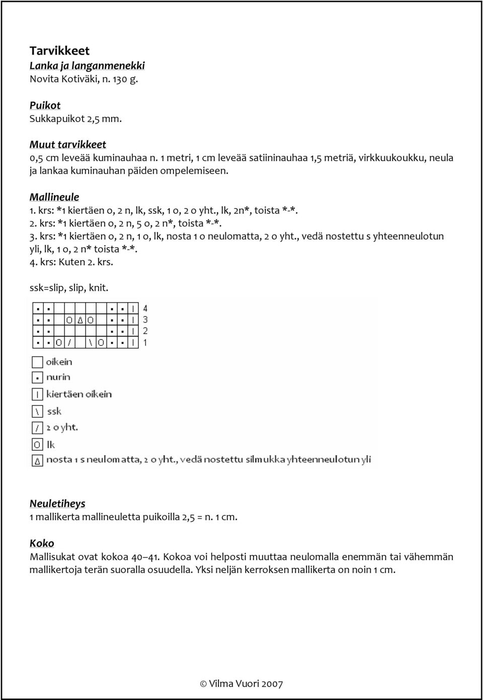 3. krs: *1 kiertäen o, 2 n, 1 o, lk, nosta 1 o neulomatta, 2 o yht., vedä nostettu s yhteenneulotun yli, lk, 1 o, 2 n* toista * *. 4. krs: Kuten 2. krs. ssk=slip, slip, knit.