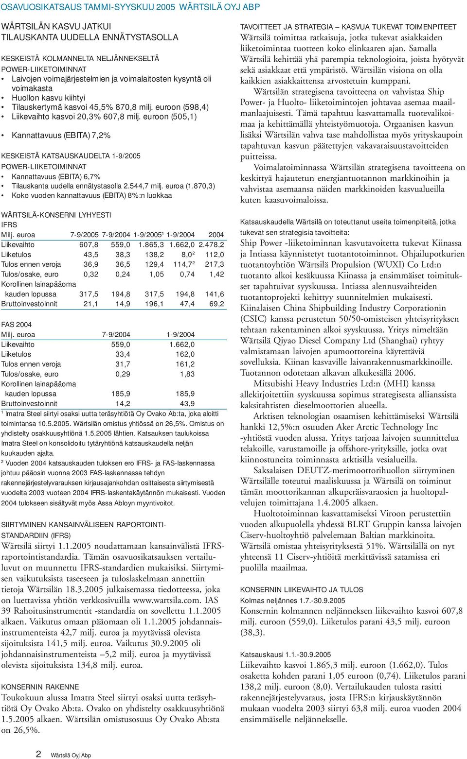 euroon (505,) Kannattavuus (EBITA) 7,2% KESKEISTÄ KATSAUSKAUDELTA -9/2005 POWER-LIIKETOIMINNAT Kannattavuus (EBITA) 6,7% Tilauskanta uudella ennätystasolla 2.544,7 milj. euroa (.