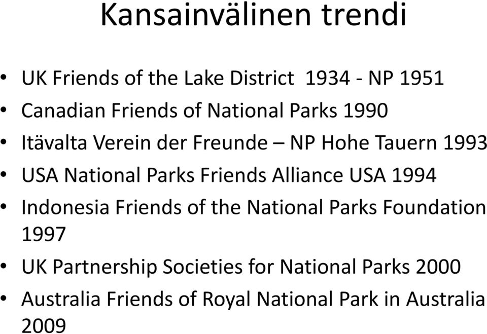 Friends Alliance USA 1994 Indonesia Friends of the National Parks Foundation 1997 UK