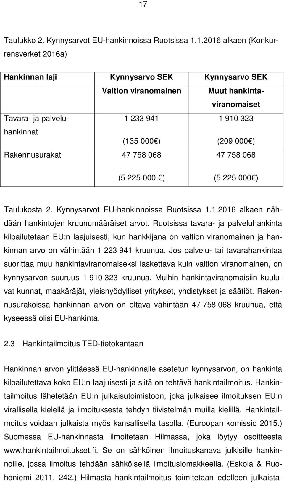 Ruotsissa tavara- ja palveluhankinta kilpailutetaan EU:n laajuisesti, kun hankkijana on valtion viranomainen ja hankinnan arvo on vähintään 1 223 941 kruunua.
