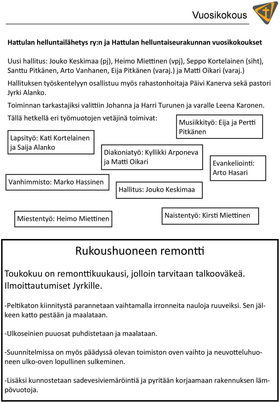 Toiminnan tarkastajiksi valittiin Johanna ja Harri Turunen ja varalle Leena Karonen.