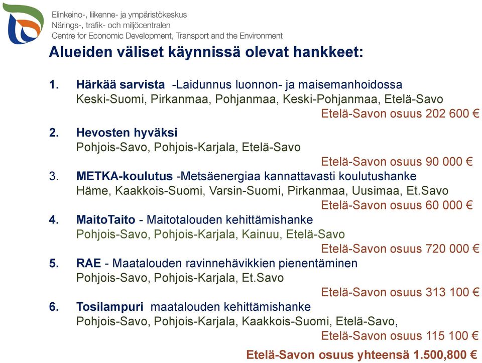 METKA-koulutus -Metsäenergiaa kannattavasti koulutushanke Häme, Kaakkois-Suomi, Varsin-Suomi, Pirkanmaa, Uusimaa, Et.Savo Etelä-Savon osuus 60 000 4.