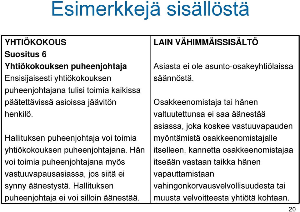 Hallituksen puheenjohtaja ei voi silloin äänestää. LAIN VÄHIMMÄISSISÄLTÖ Asiasta ei ole asunto-osakeyhtiölaissa säännöstä.