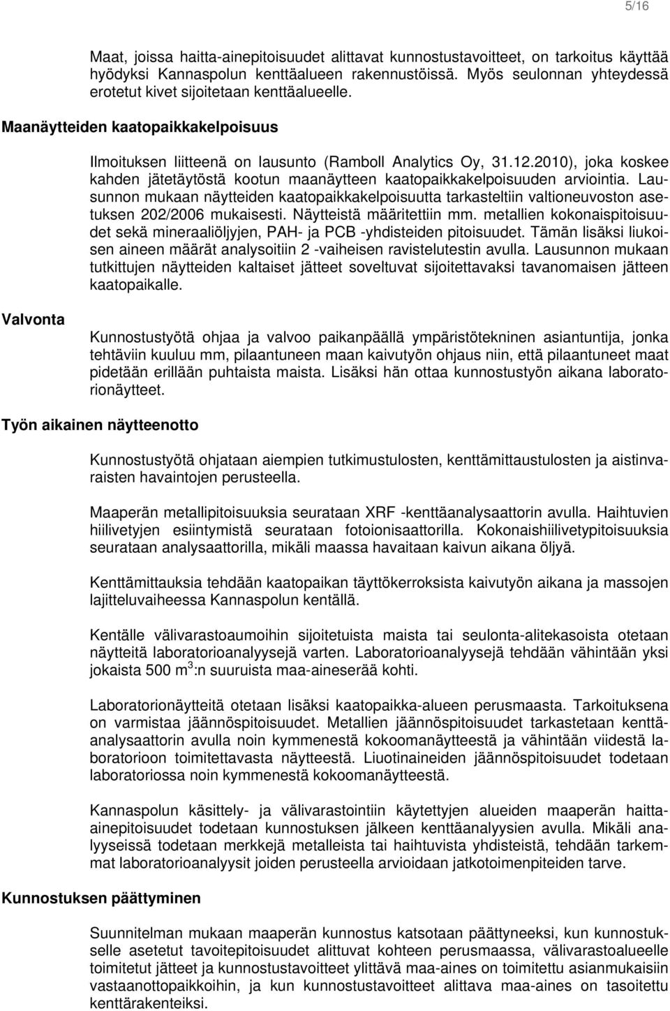 2010), joka koskee kahden jätetäytöstä kootun maanäytteen kaatopaikkakelpoisuuden arviointia.
