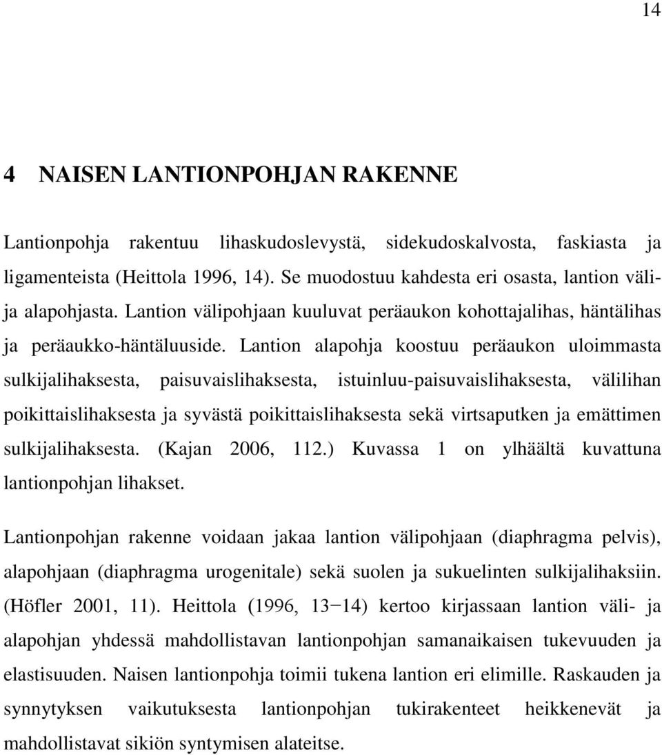 Lantion alapohja koostuu peräaukon uloimmasta sulkijalihaksesta, paisuvaislihaksesta, istuinluu-paisuvaislihaksesta, välilihan poikittaislihaksesta ja syvästä poikittaislihaksesta sekä virtsaputken