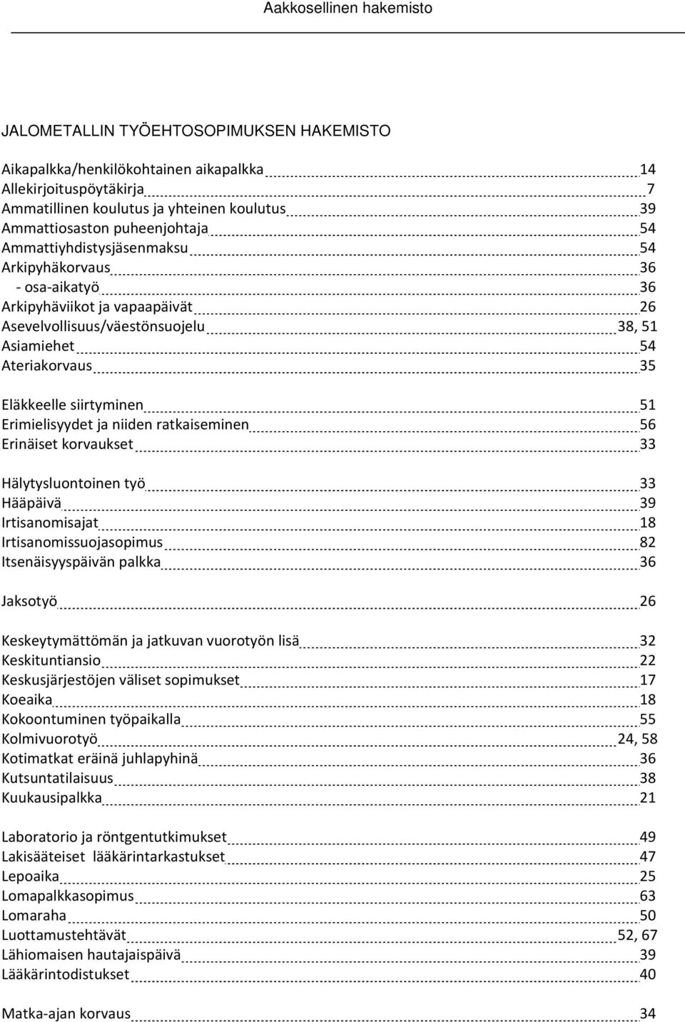 siirtyminen 51 Erimielisyydet ja niiden ratkaiseminen 56 Erinäiset korvaukset 33 Hälytysluontoinen työ 33 Hääpäivä 39 Irtisanomisajat 18 Irtisanomissuojasopimus 82 Itsenäisyyspäivän palkka 36